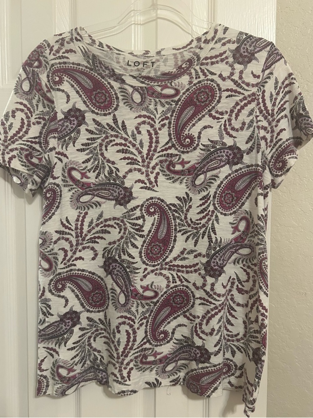 LOFT Cream Short Sleeve Tee with Purple Paisley